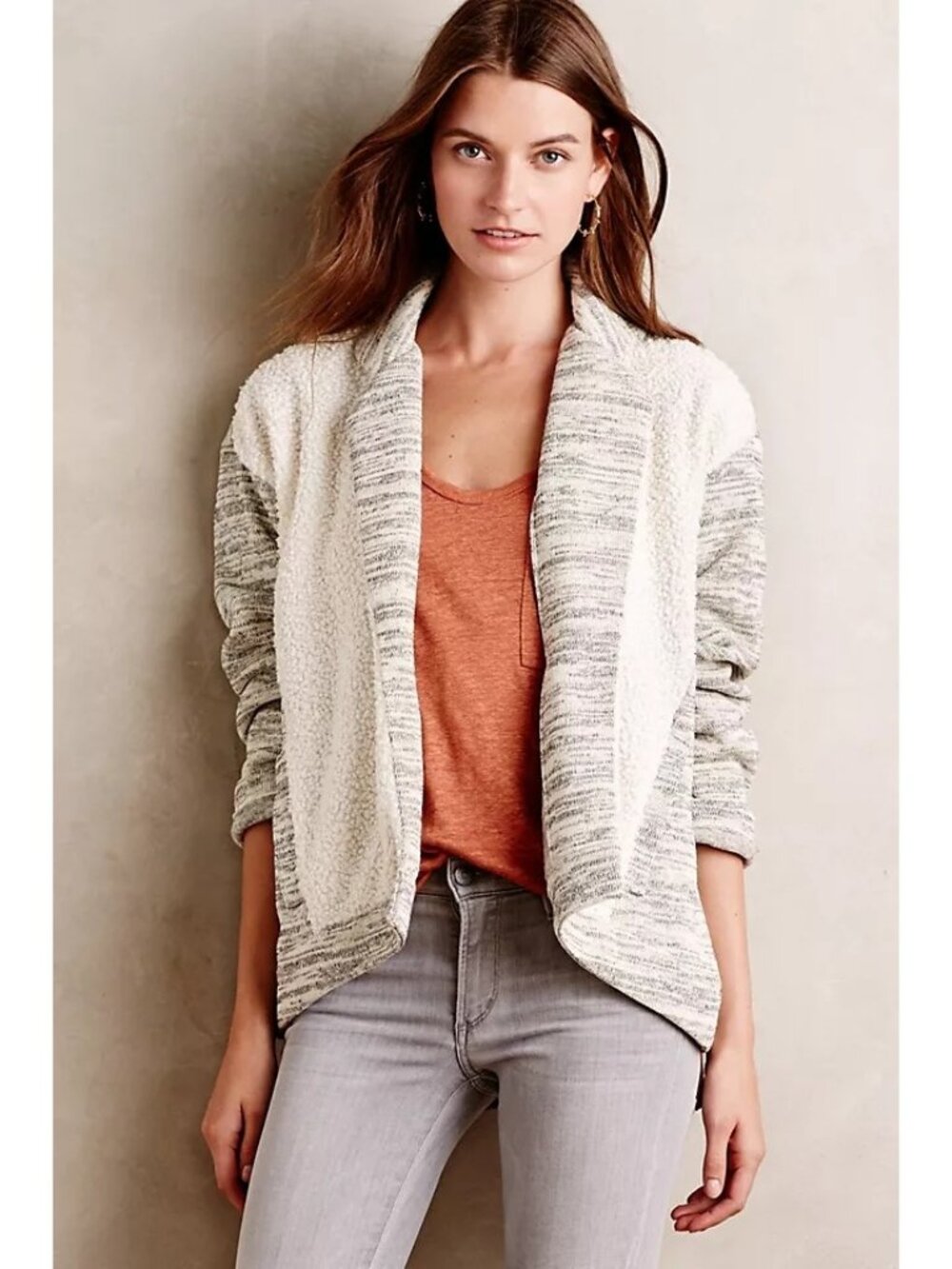 Anthropologie Gray French Terry Open Front Collared Coatigan Knit Jacket M Cozy⁠